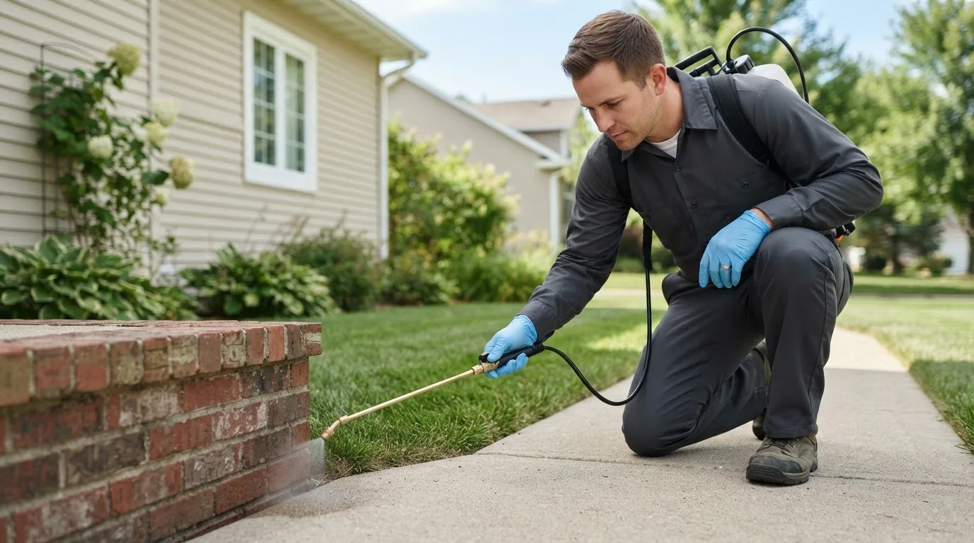 Pest control technician treating a home near Londonderry, NH